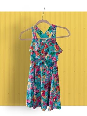 Jona Michelle Teal Tropical Print Ruffle Dress with Pink & Yellow Accents